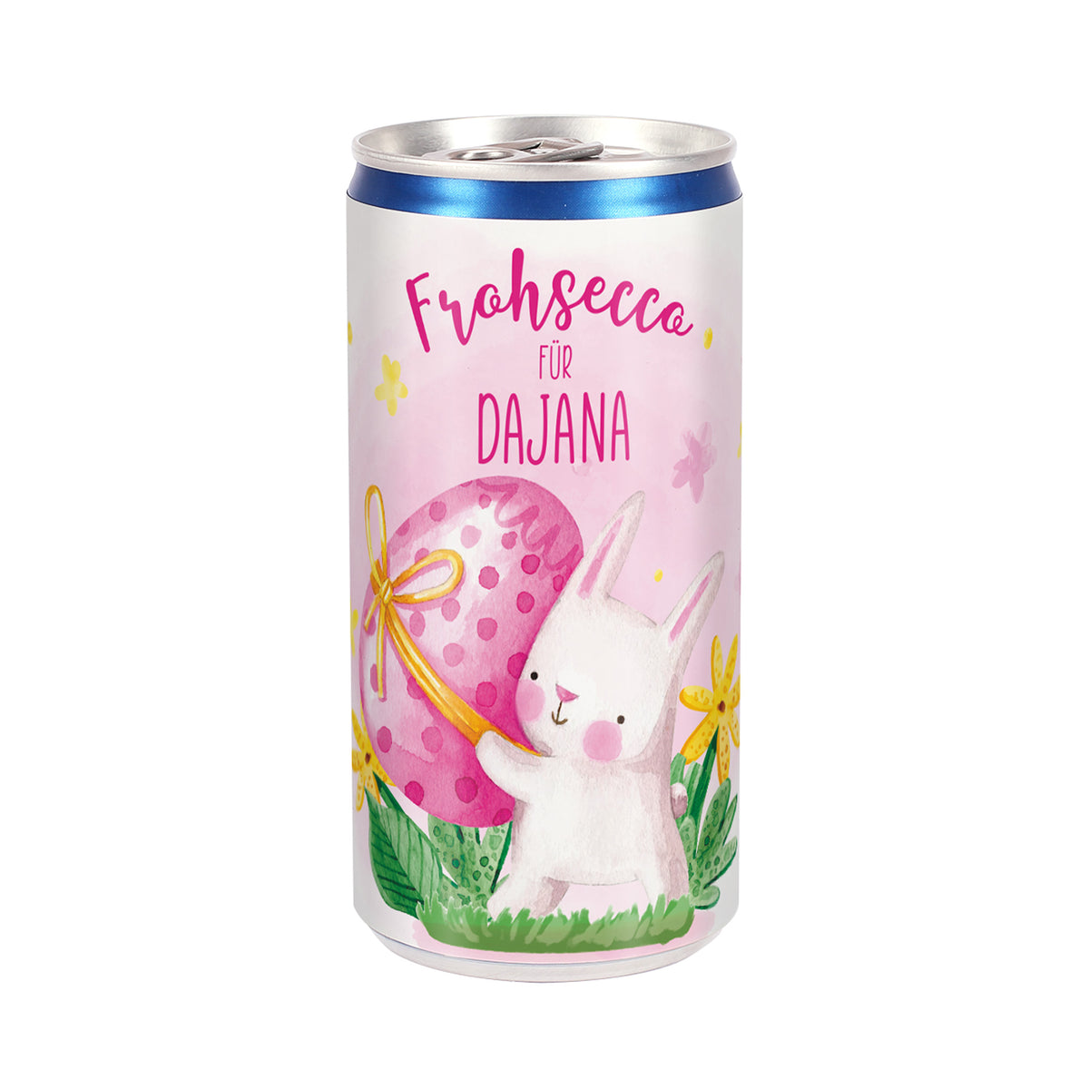 Freigestellte Seccodose „Frohsecco für“ mit Name, 200 ml Perlwein in Osterdesign