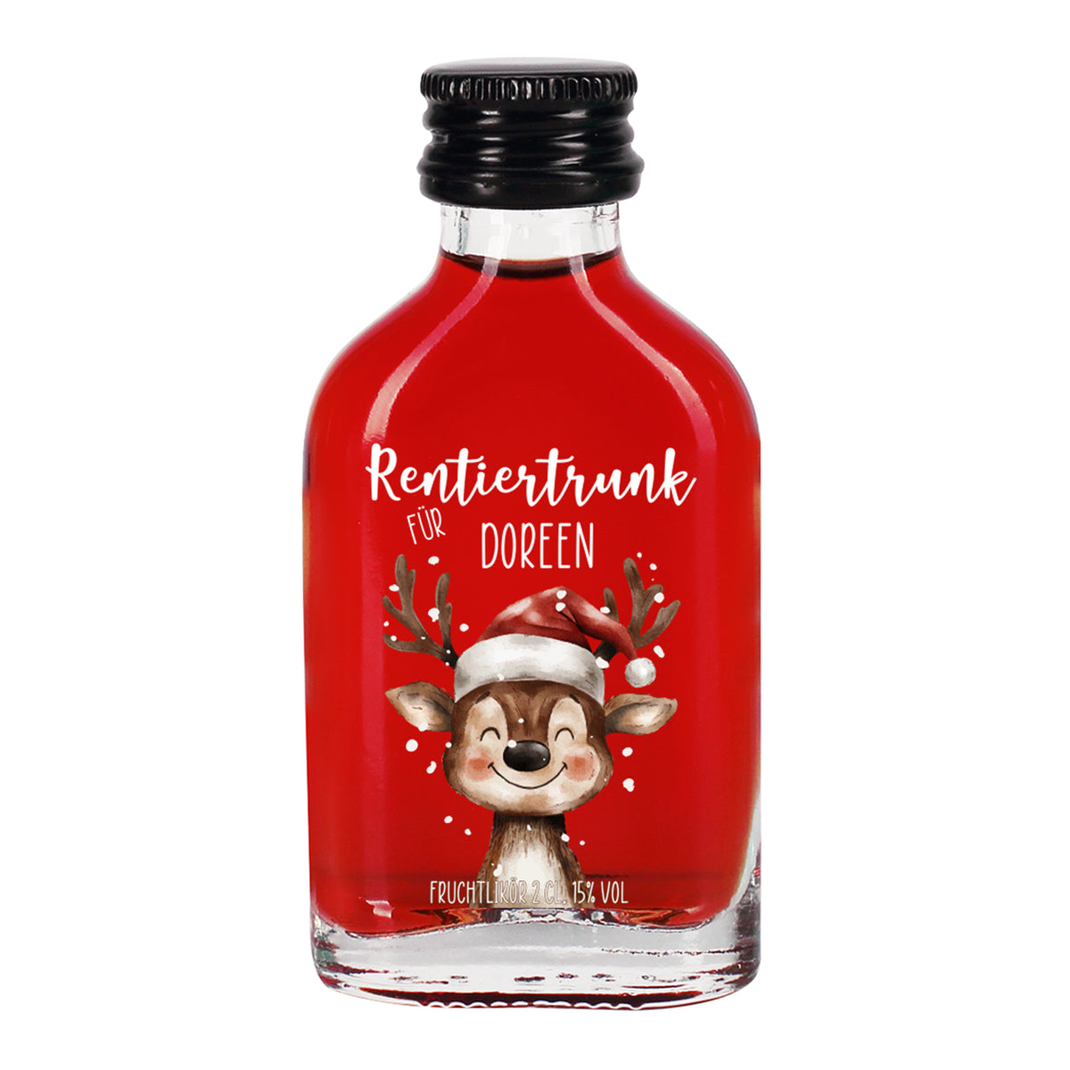 Freigestellte Aufnahme der roten Fruchtlikör-Flasche „Rentiertrunk für Doreen“ mit Rentiermotiv, schwarzer Schraubverschluss, weißer Hintergrund.