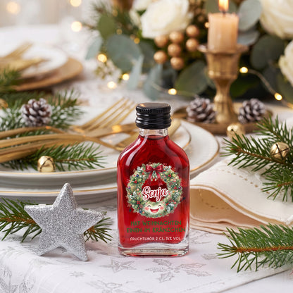 Personalisierter Fruchtlikör mit Name und Weihnachtskranz als Gastgeschenk zu Weihnachten
