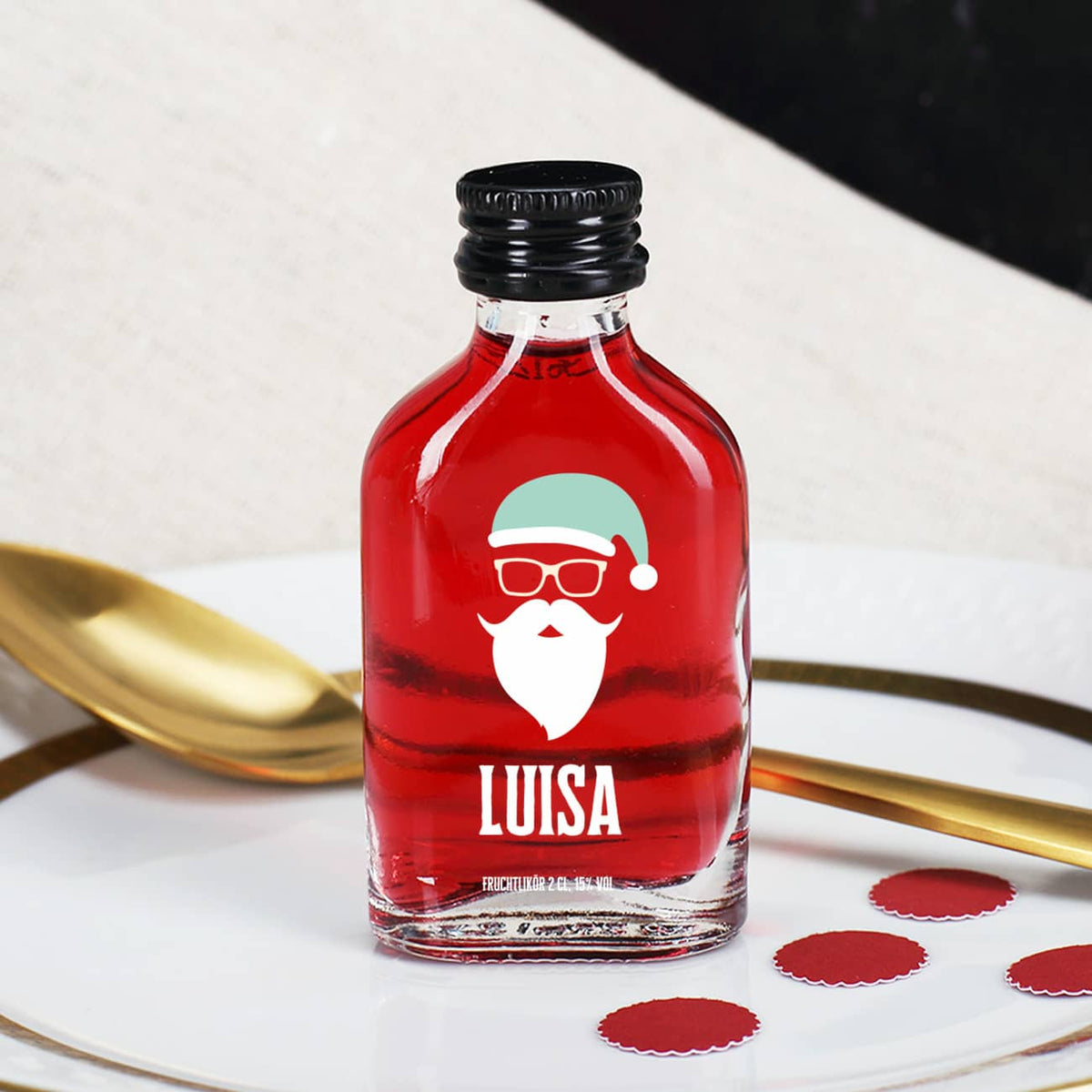 Weihnachtlicher Schnaps mit Hipster Nikolaus Motiv und Ihrem Namen