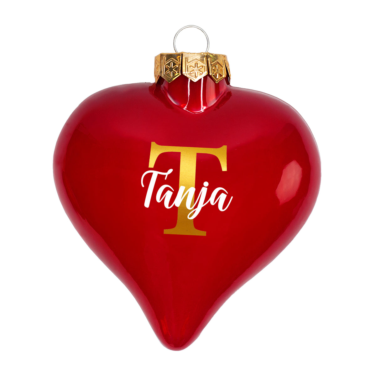 Einzelne rote Weihnachtskugel mit Initiale T und Name Tanja auf weißem Hintergrund