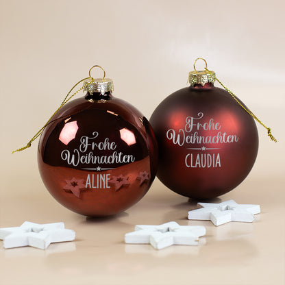Weihnachtskugel mit Name graviert 'Frohe Weihnachten' | Christbaumkugeln 8 cm in Burgund Rot