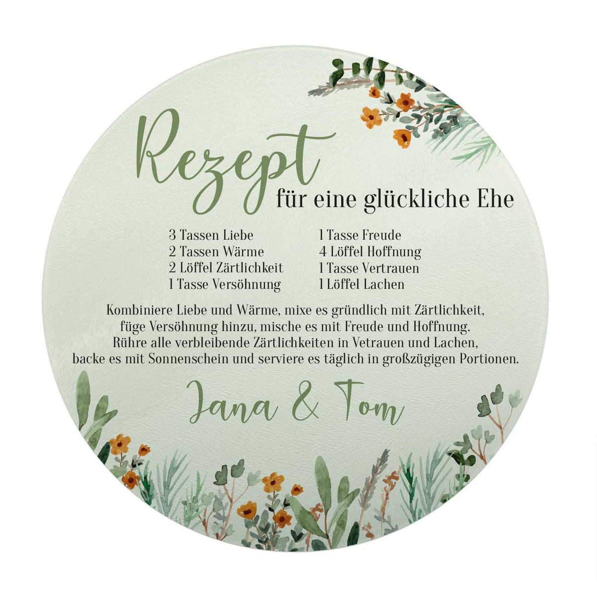 Schneidebrettchen oder Tortenteller zur Hochzeit mit Rezept für die Ehe Motiv und Namen