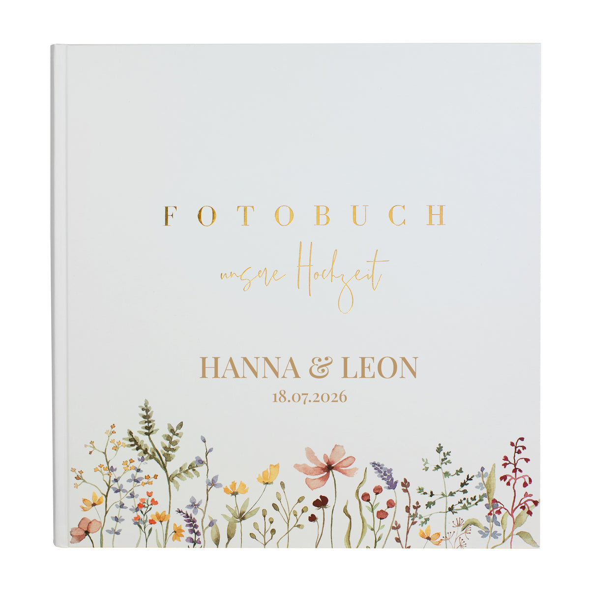 Hochzeitsalbum mit Wildblumen-Verzierung und edler Goldprägung als Geschenkidee. Personalisierung in goldener Schrift.