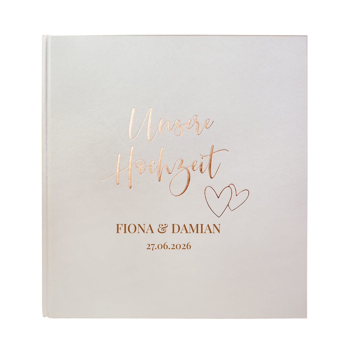 Hochzeit Fotoalbum Unsere Hochzeit in Weiß-Creme, Goldprägung mit Namen und Datum personalisiert auf weißem Hintergrund