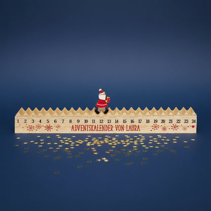 Santa-Figur bewegt sich entlang der Zahlenreihe – personalisierter Adventskalender von Laura, blauer Hintergrund