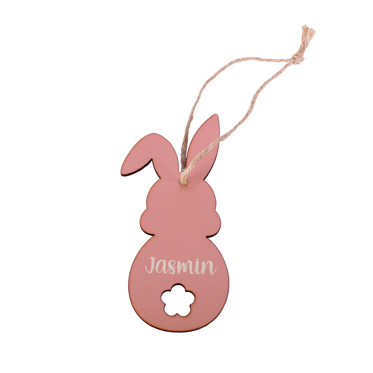 Personalisierter Holzanhänger in Hasenform in Rosa mit Juteband, graviert mit "Jasmin".