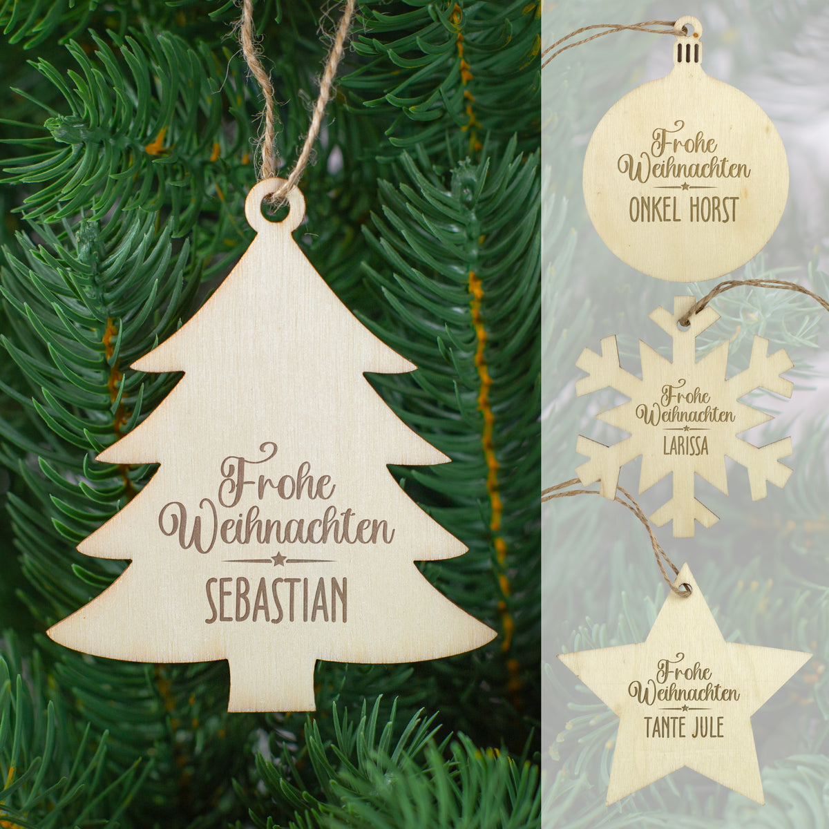 Personalisierte Weihnachtsanhänger aus Holz in vier Formen – Kugel, Stern, Schneeflocke und Tannenbaum – mit Gravur „Frohe Weihnachten“ und Name.
