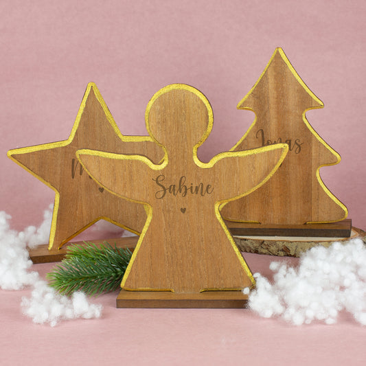 Vorschau der personalisierten Holzfiguren zu Weihnachten – Engel, Stern und Tanne mit Gravur und goldenem Rand.