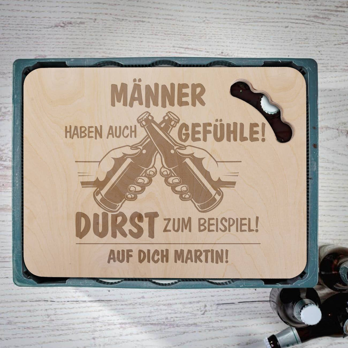 Deckel für Bierkasten aus Holz mit Griff und hochwertiger Gravur
