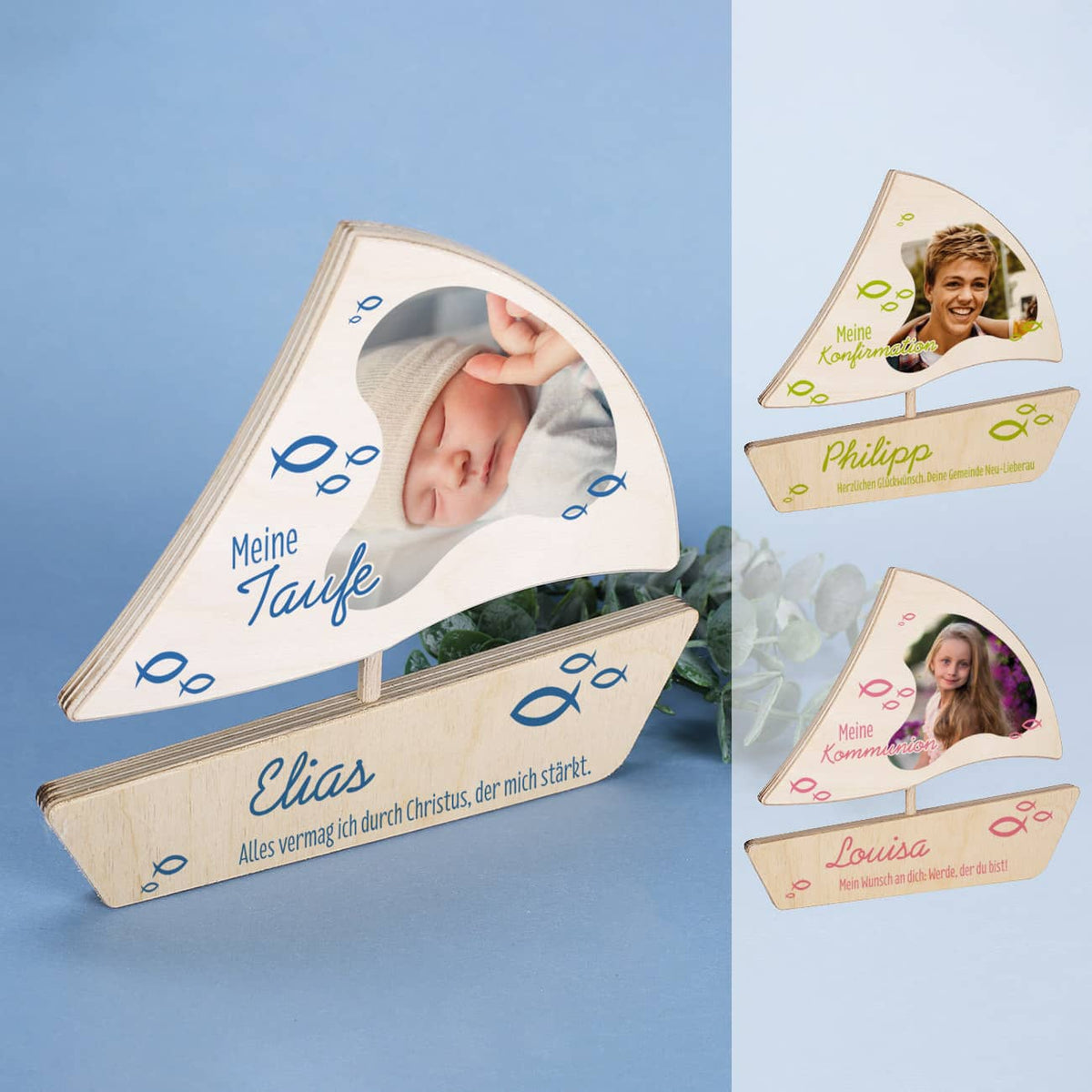 Bedruckte Holzboote in verschiedenen Farben mit Ihrem Foto und individueller Beschriftung