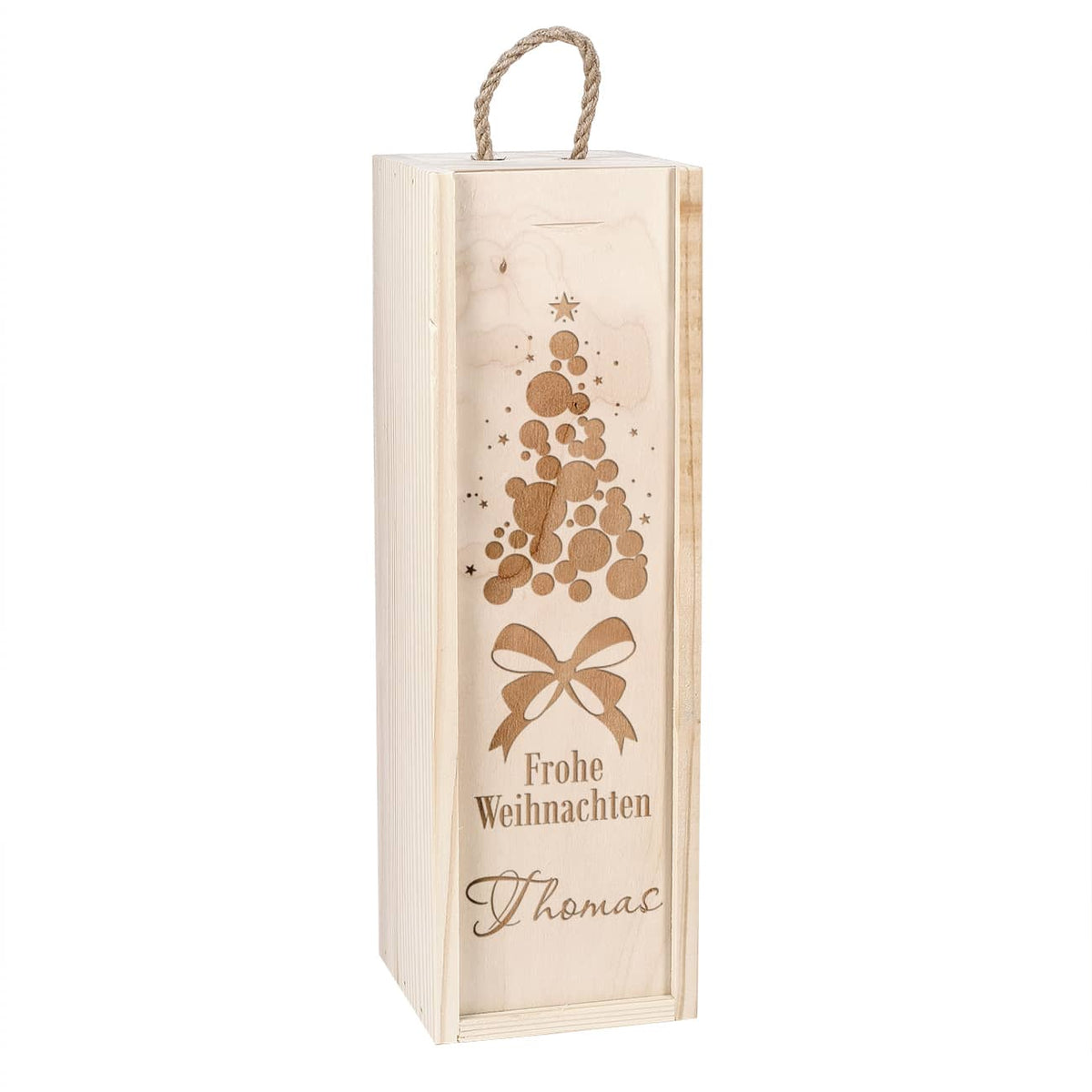 Frohe Weihnachten - Weinverpackung aus Holz mit Tannenbaum und Name gestaltet