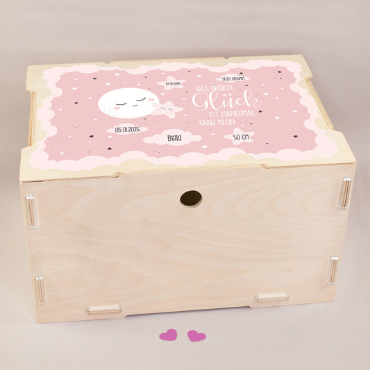 Personalisierte Holz Erinnerungsbox zur Geburt für Mädchen mit rosa Mondmotiv
