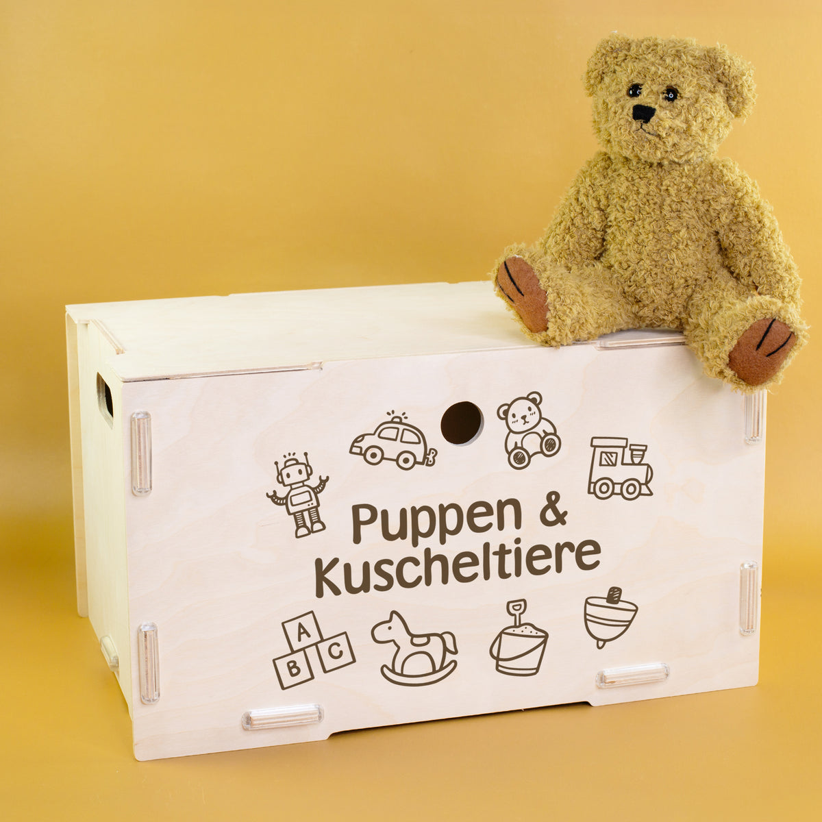Personalisierte Aufbewahrungsbox für Puppen und Kuscheltiere mit Spielzeug-Motiven