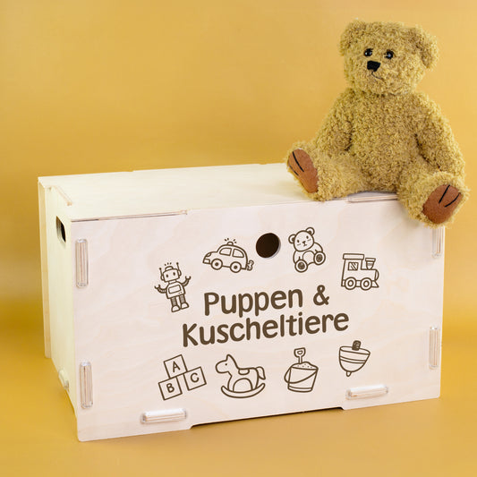 Personalisierte Aufbewahrungsbox für Puppen und Kuscheltiere mit Spielzeug-Motiven