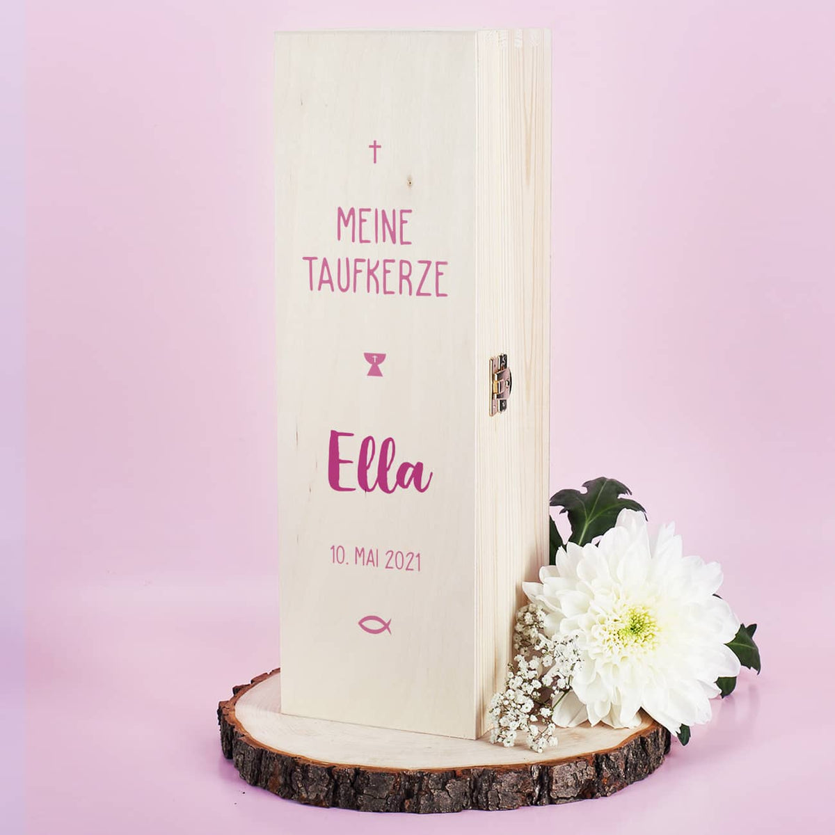 Verpackung Taufkerze - Holzbox mit Name und Datum mit Aufdruck in rosa