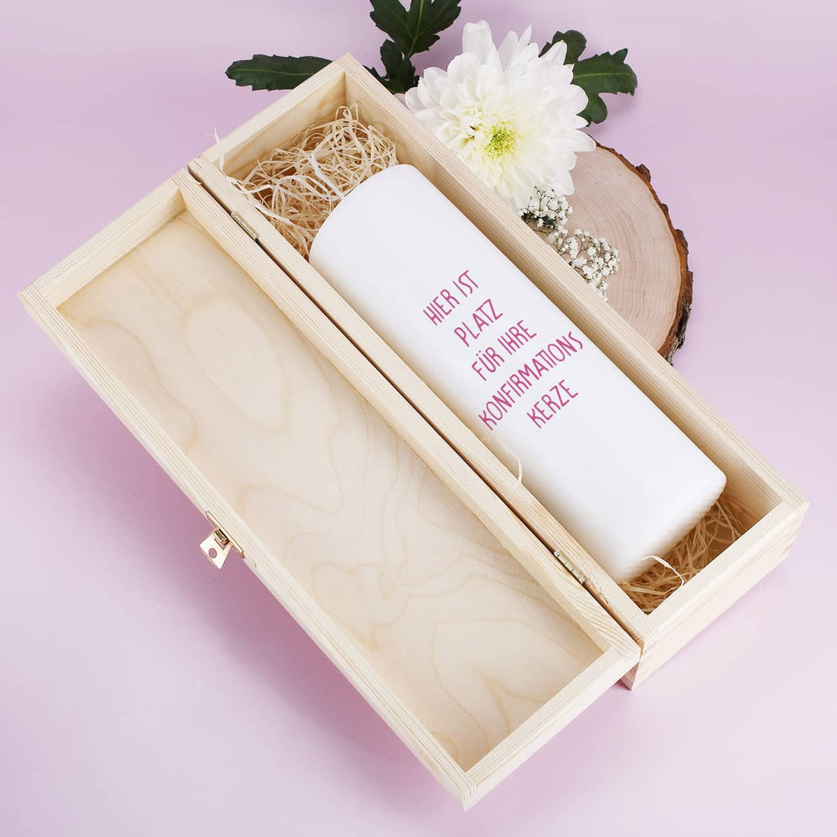 Kerzenbox zur Konfirmation - mit Name und Datum in rosa- Innen