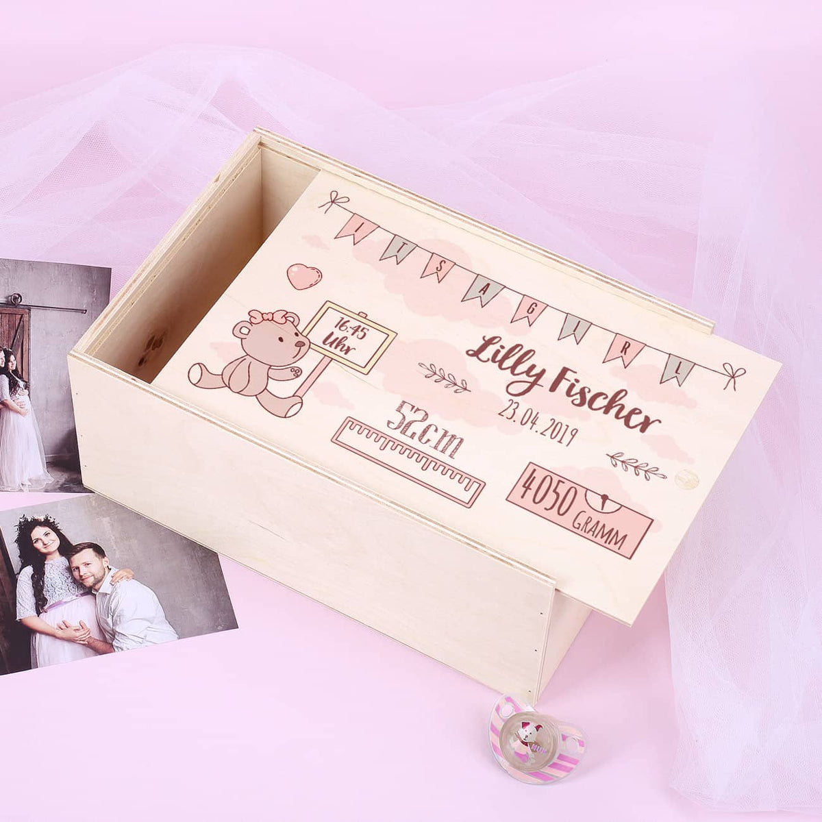 Bedruckte Erinnerungsbox zur Geburt
