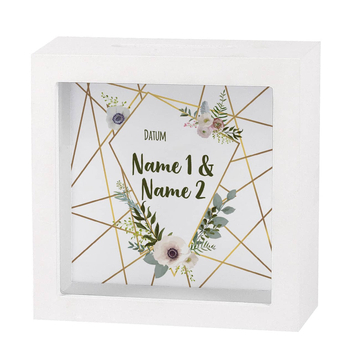 Bilderrahmen Spardose mit Watercolor Blüten und Wunschtext