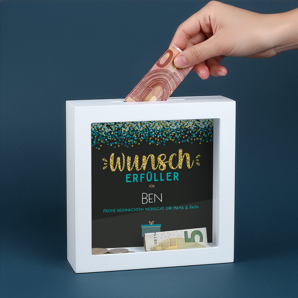 Bilderrahmenspardose Wunscherfüller mit Name und Wunschtext