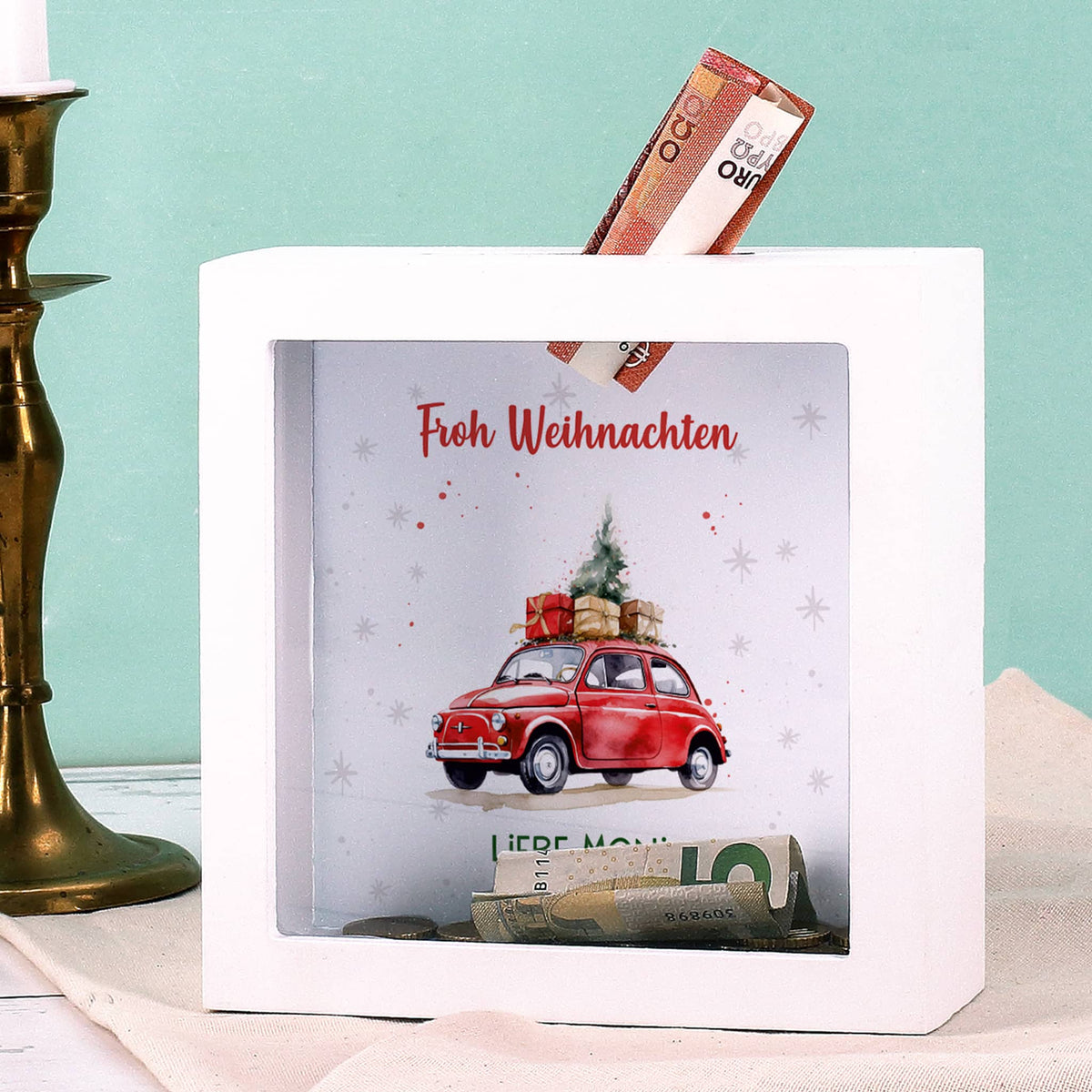 Santa`s Fuhrpark - weihnachtliche Bilderrahmenspardose mit Wunschtext