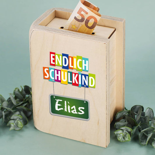 Endlich Schulkind - Holzspardose zur Einschulung mit Name