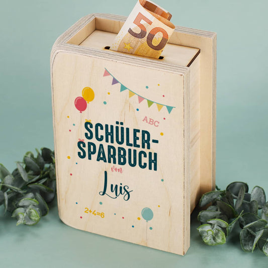 Geldgeschenk zum Schulanfang - Holzsparbuch in Buchform mit Name
