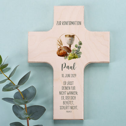 Holzkreuz zur Konfirmation mit individuellem Text und Name, christliches Geschenk aus Holz