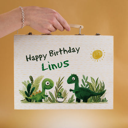 Holzmalkoffer mit Dinosaurier-Motiv und Wunschtext Happy Birthday Linus