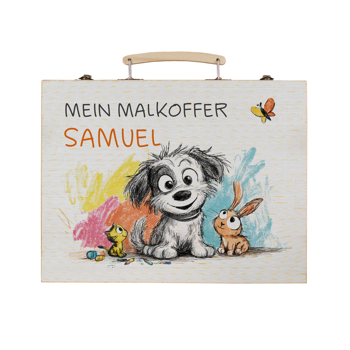 Malkoffer aus Holz mit Hund, Hase & Katze, personalisiert mit Name Samuel