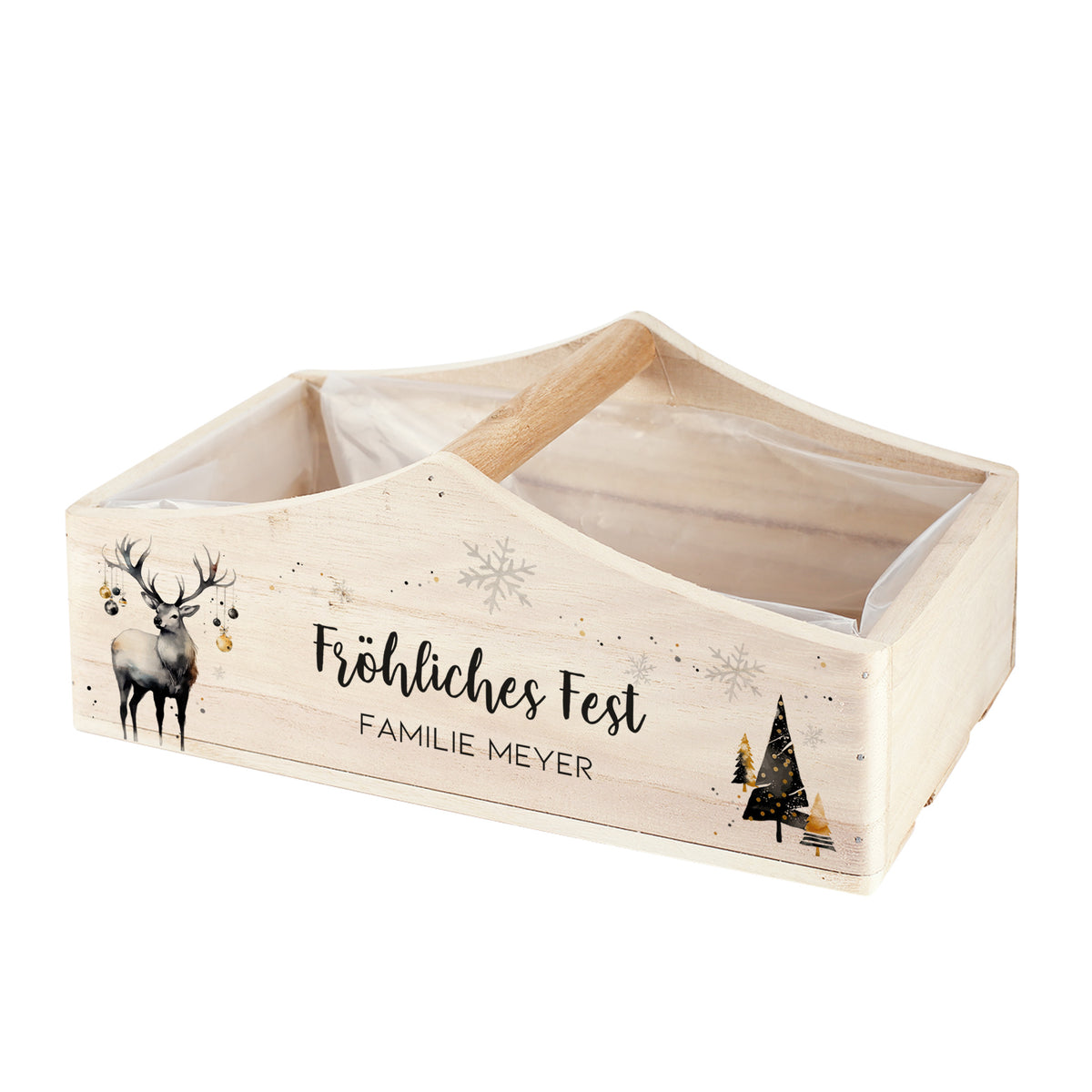 Holzkiste zu Weihnachten mit Hirschmotiv und „Fröhliches Fest“ – personalisiert mit Wunschtext