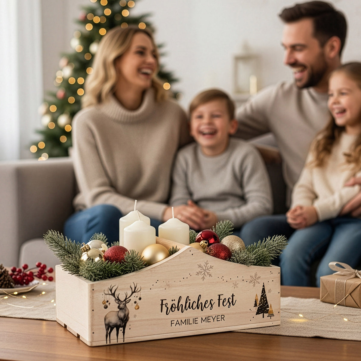 Festlich dekorierte Holzkiste „Fröhliches Fest“ im Wohnzimmer – personalisiert