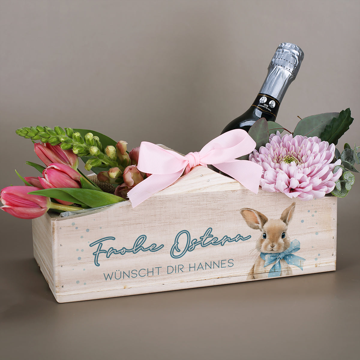 Personalisierter Pflanzkorb zu Ostern aus Holz | Geschenkkorb mit Hasenmotiv | Holzkiste in 3 Varianten