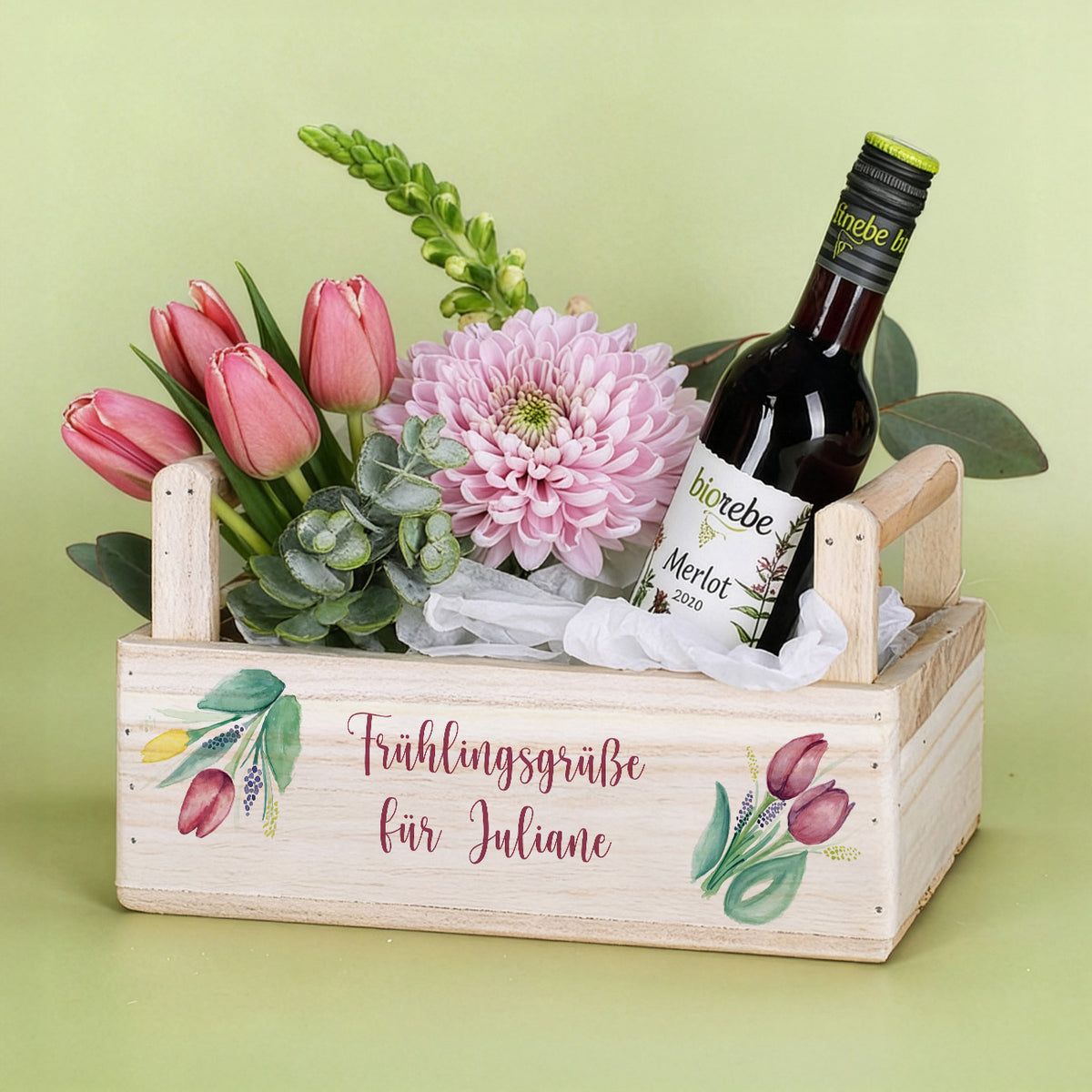 Holzkiste zum Frühling mit 2 Griffen und Ihrem Text bedruckt
