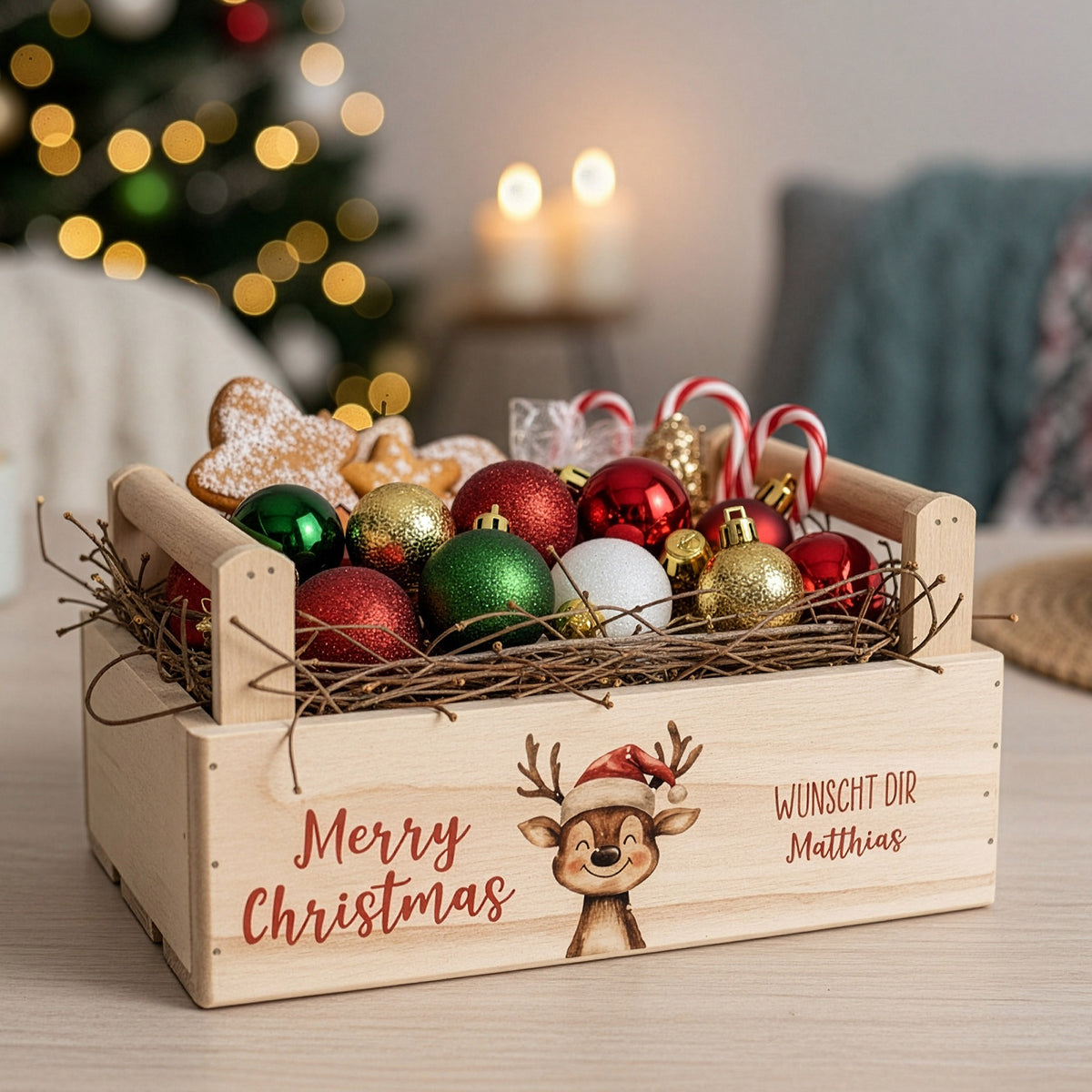 Befüllte Weihnachts-Holzkiste mit Rentiermotiv, Kugeln und Süßigkeiten, personalisiert mit Wunschtext