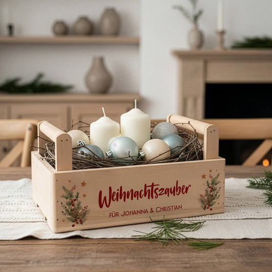 Geschenkkorb zu Weihnachten mit festlichem Motiv personalisiert mit Wunschtext | Pflanzkiste aus Holz