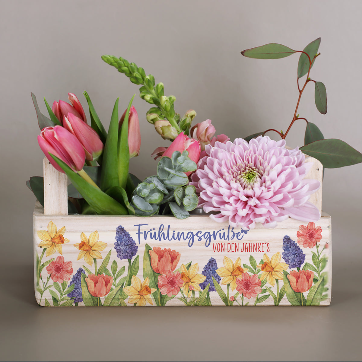 Pflanzkorb mit zwei Griffen Frühlingsgrüße personalisiert mit Wunschtext