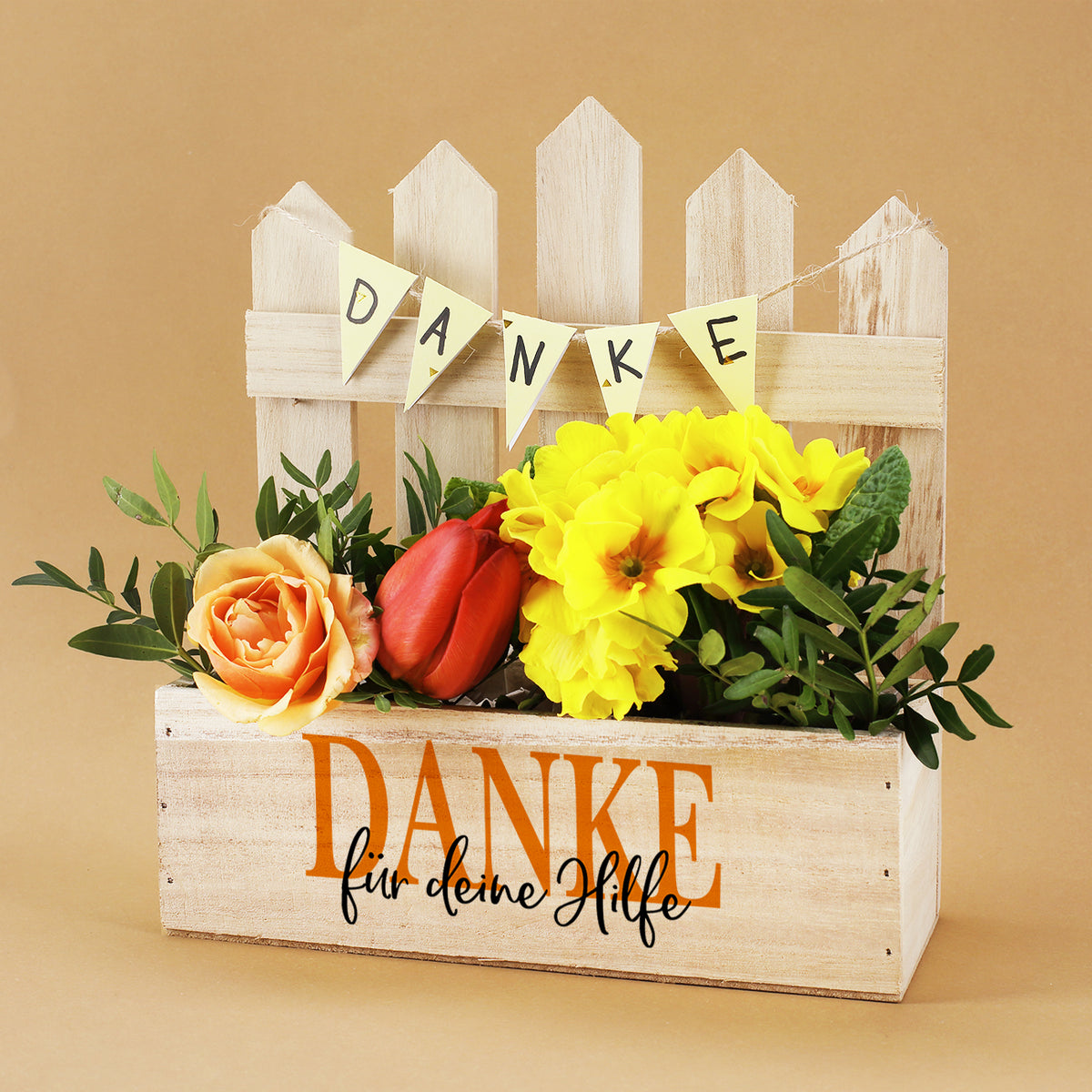 Pflanzkiste mit Zaun als Dankeschön Geschenk mit Text nach Wunsch