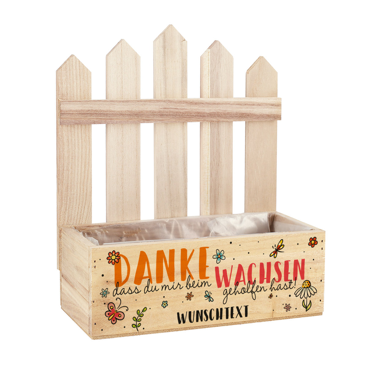 Freigestellte Holz-Pflanzkiste mit Zaun und dem Wortlaut „Danke, dass du mir beim Wachsen geholfen hast“ – mit Platz für Wunschtext
