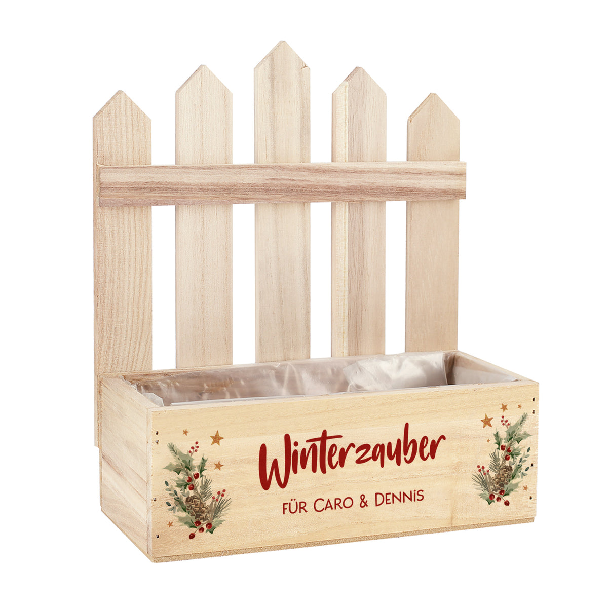 Pflanzkiste aus Holz mit Zaun und rotem Weihnachtsmotiv, personalisiert mit Wunschtext, freigestellt vor weißem Hintergrund