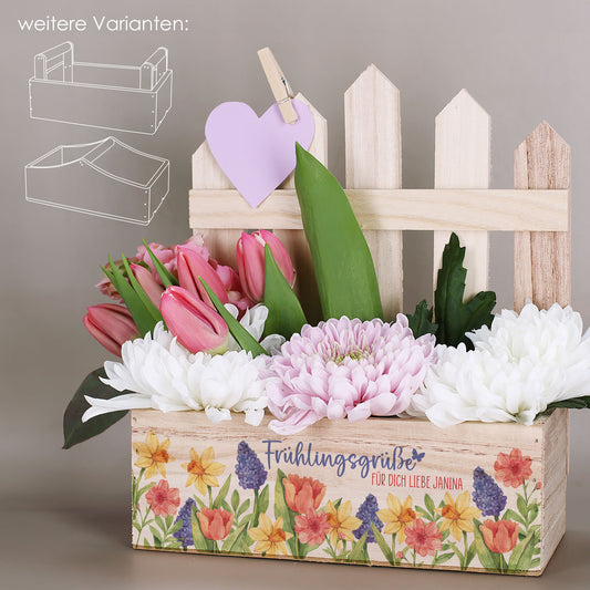 Personalisierter Pflanzkorb Frühlingsgrüße aus Holz mit Blumenmotiv in drei Varianten