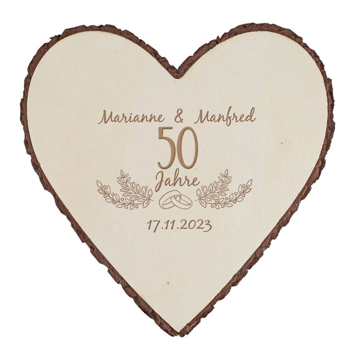 Herzplatte aus Holz zum Hochzeitsjubiläum mit Ihren Wunschdaten personalisiert