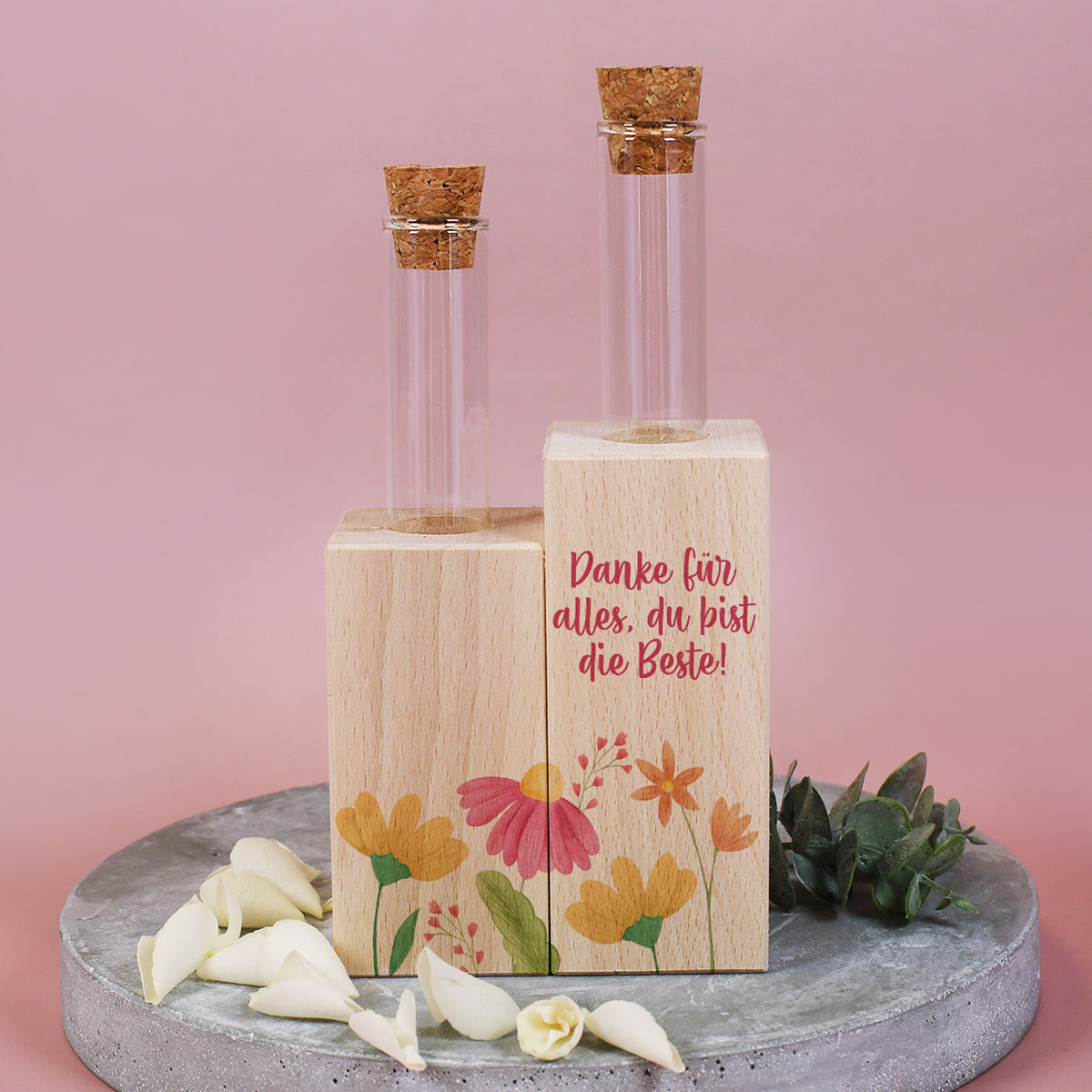 Vase mit Blumenmotiv und Ihrem Wunschtext - Reagenzgläser in Holzsockel