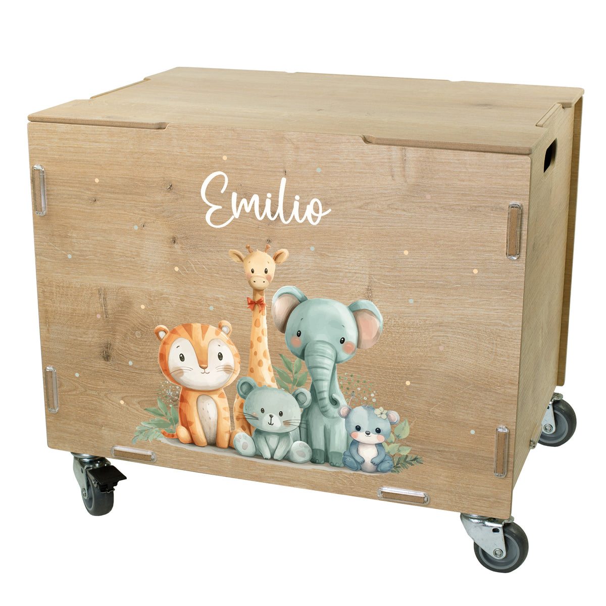 Personalisierte Holz-Rollbox mit Safari-Tieren und Namen auf der Vorderseite, Aufbewahrungsbox mit Deckel und Rollen