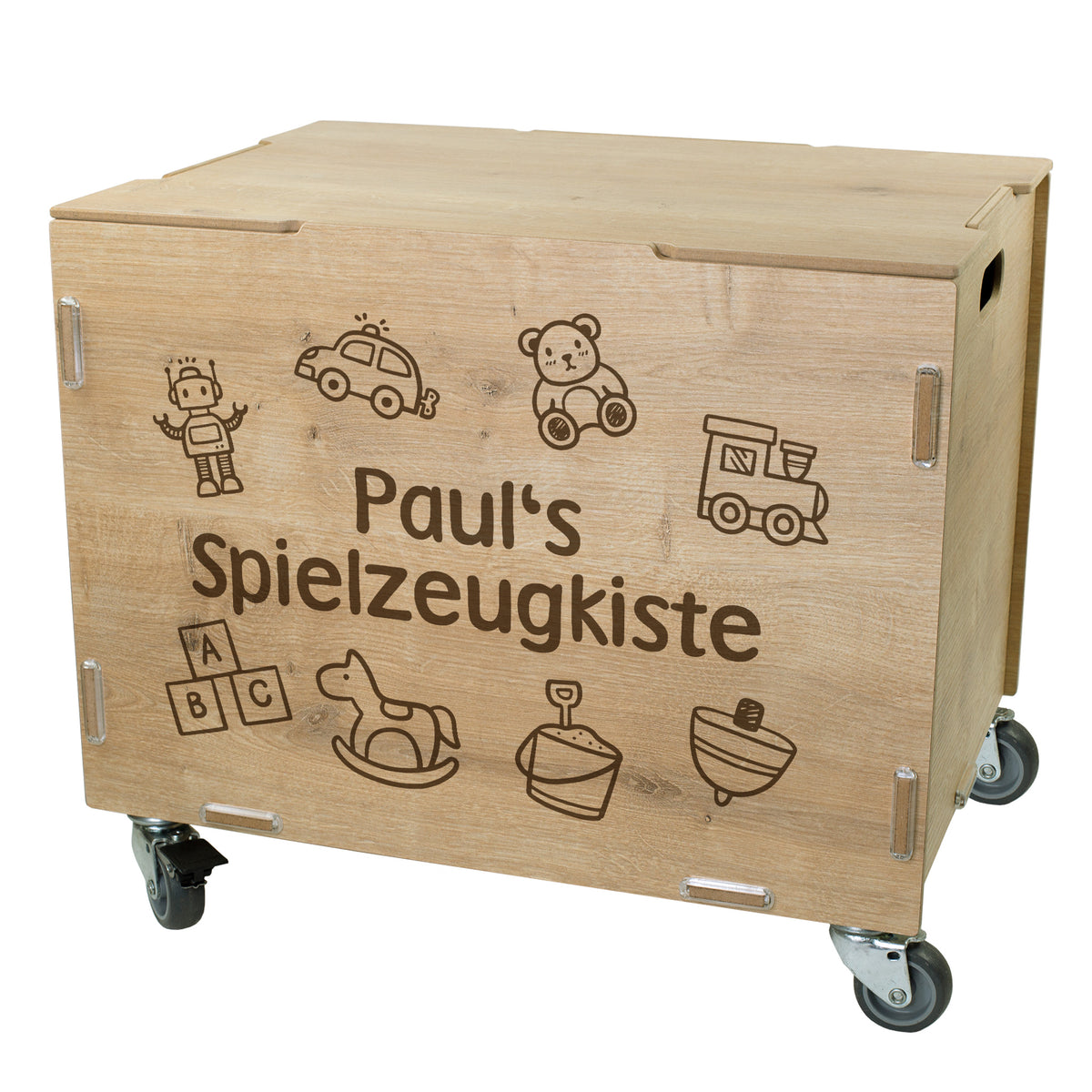 Personalisierte Spielzeugkiste aus Holz auf Rollen, Frontansicht mit Namen „Paul“ und umlaufenden Spielzeug-Illustrationen, Kiste geschlossen