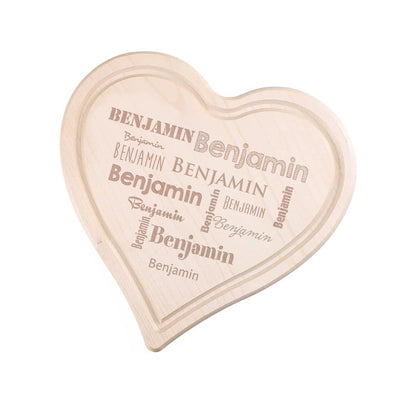 Herz-Holzbrettchen mit Name in verschiedenen Schriftarten, 24 cm