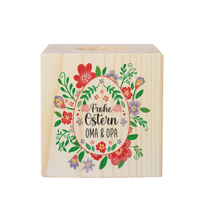 Teelichthalter aus Holz zu Ostern mit Wunschtext & buntem Blumen Motiv