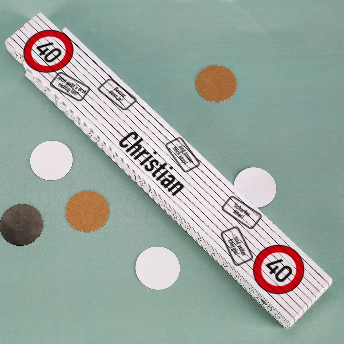 personalisierter Zollstock mit Verkehszeichen zum 40. Geburtstag bedruckt 