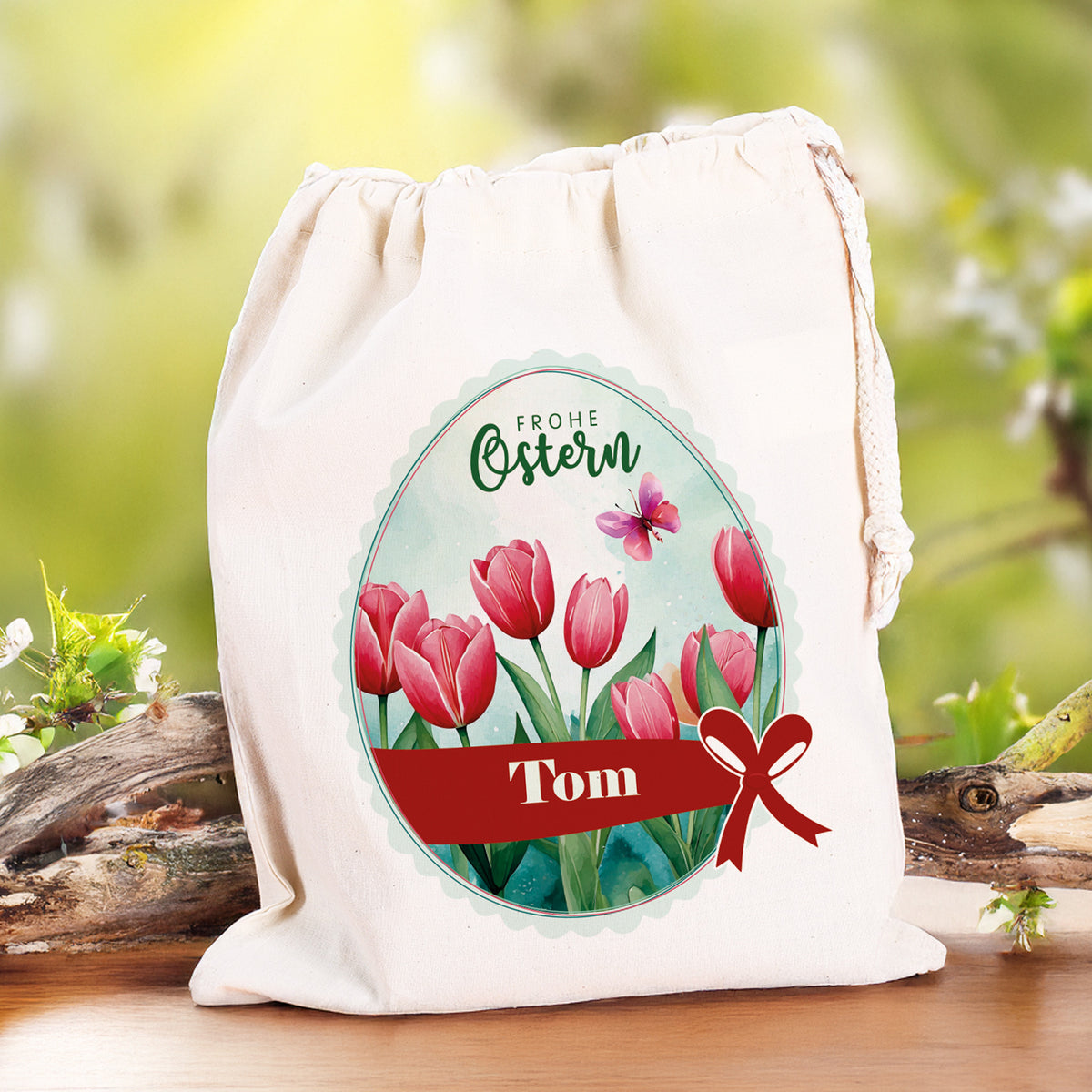 Personalisierter Osterbeutel mit Name & Tulpenmotiv aus Baumwolle