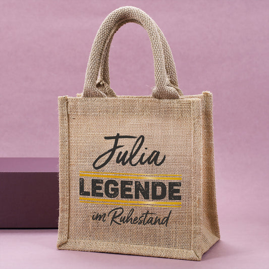 Personalisierte Geschenktasche aus Jute „Legende in Rente“ mit Wunschname